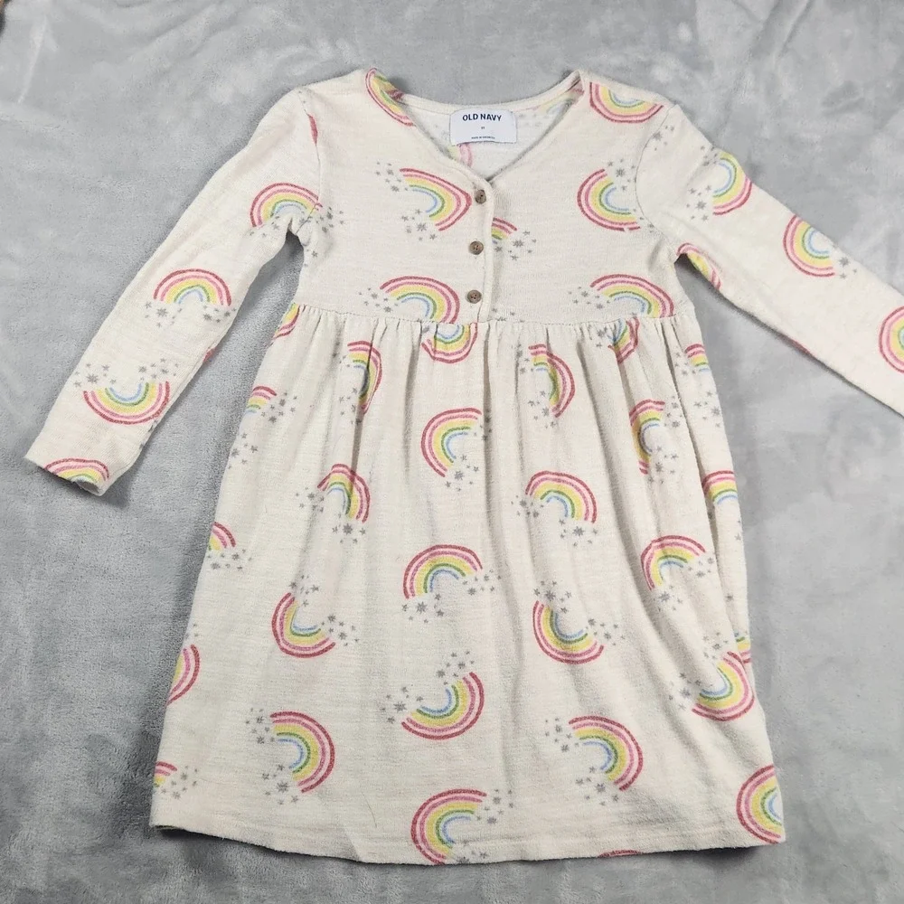 Old Navy Girls Fit & Flare Beige Rainbow Knit Dress Size 5T Henley Fairy‎
