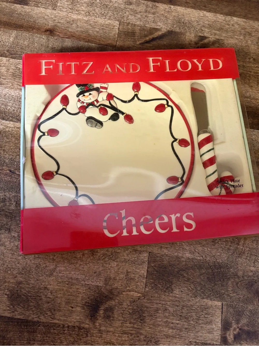 Fitz and Floyd Red and White Snowman Cheers Cheese Plate with Spreader