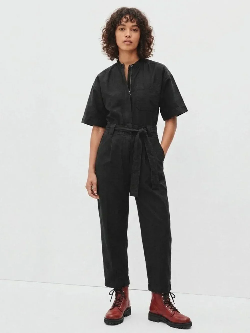 NWT Everlane The Fatigue Short-Sleeve Jumpsuit in Black Belted Cotton Utility 0