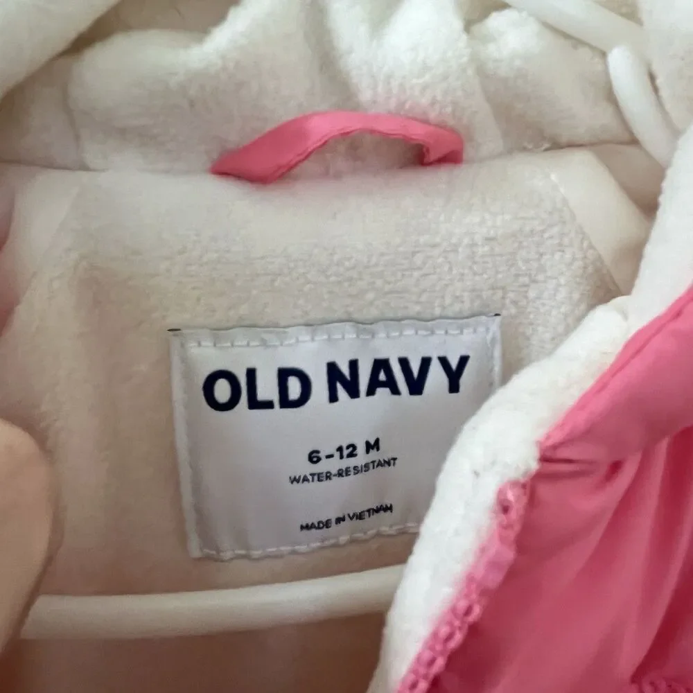 Old Navy Pink Rainbow Puffer Jacket Water Resistant Girls Size 6-12 Months