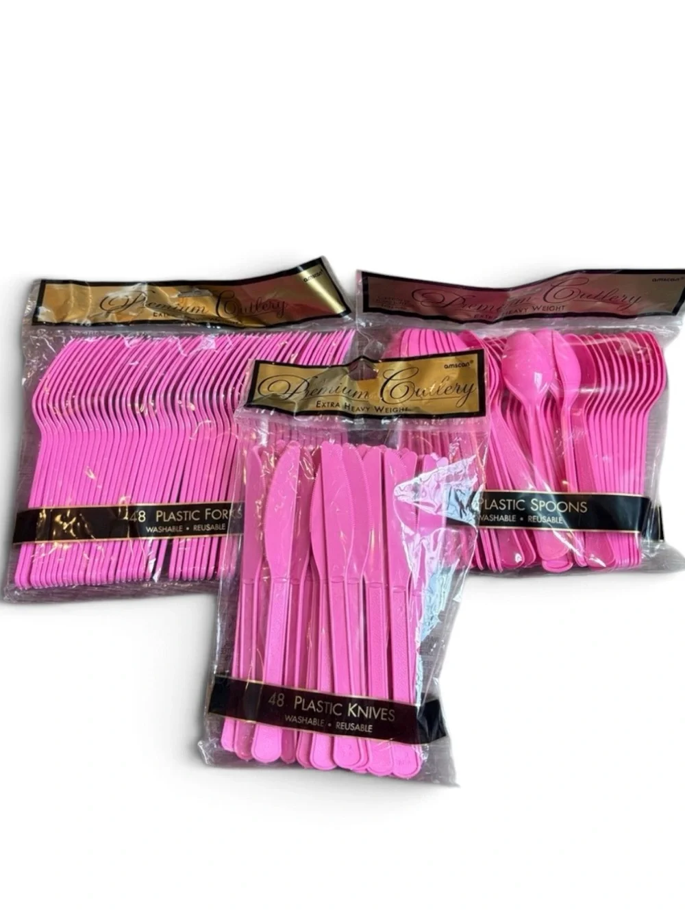 Amscan Premium Cutlery Pink Plastic Forks Knives & Spoons Set 144 Pc.