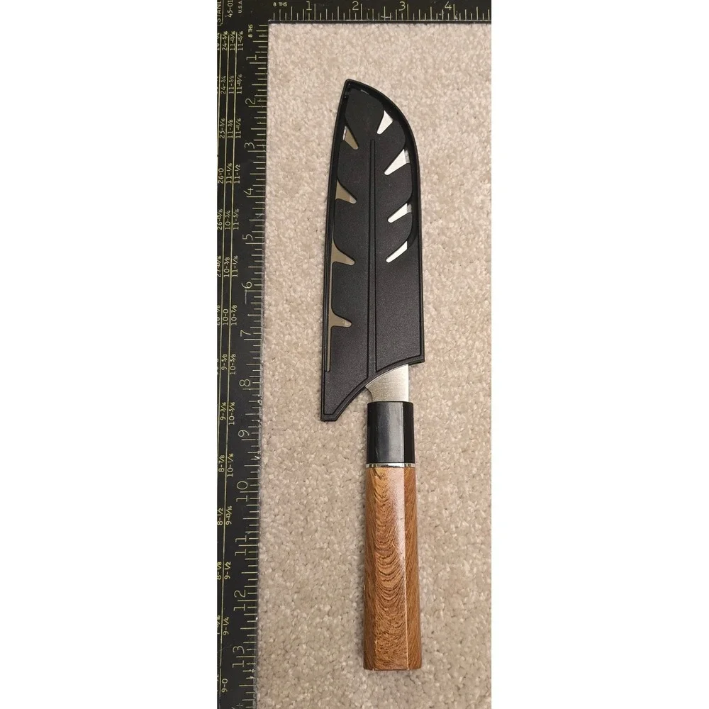 Happy‎ Home Story Santoku Knife Wood Grain Handle Sushi Aerated Blade Sheath