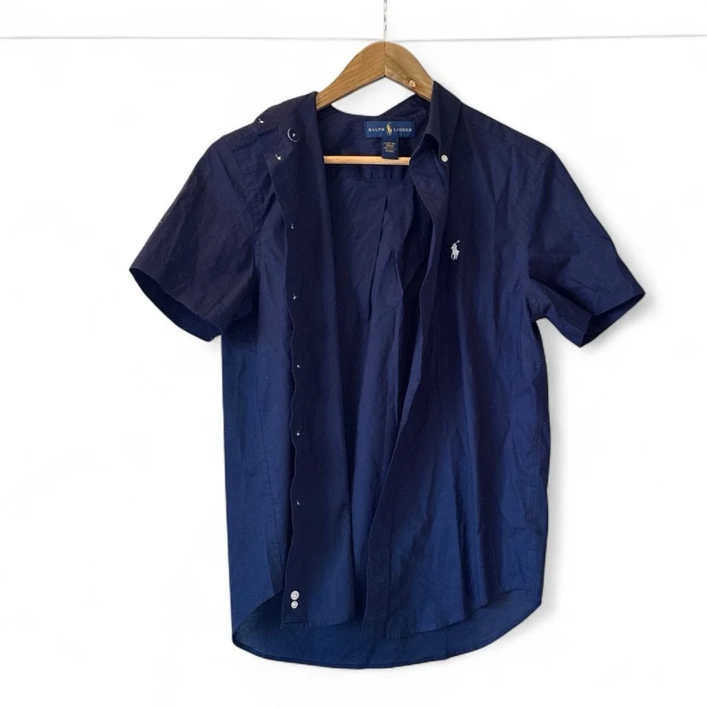 Ralph Lauren Button Down Shirt Kids L 14-16 Navy Blue Short Sleeve Cotton Preppy