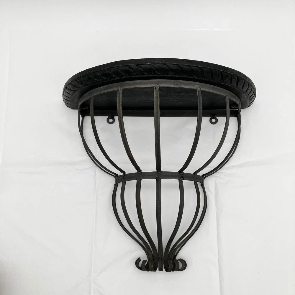 Wall Sconce Shelf 12x10 Black Wrought Iron Cage Carved Wood Top Vintage