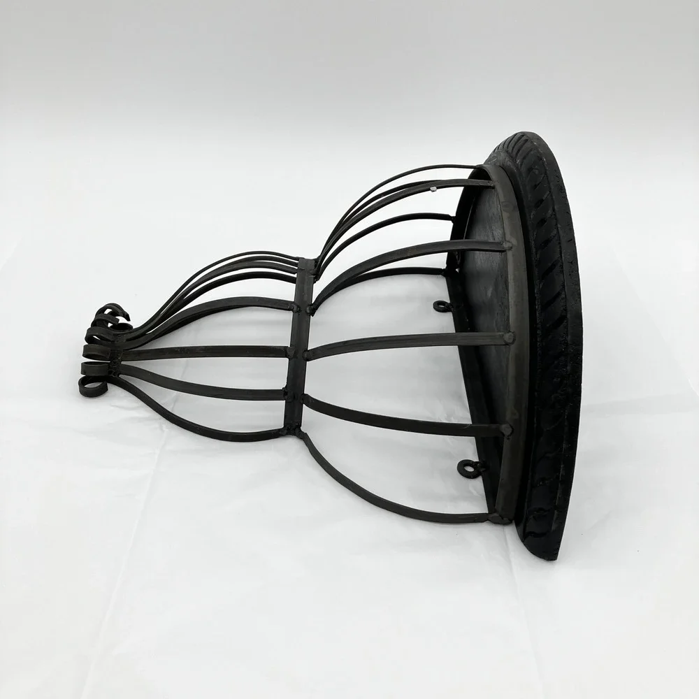 Wall Sconce Shelf 12x10 Black Wrought Iron Cage Carved Wood Top Vintage