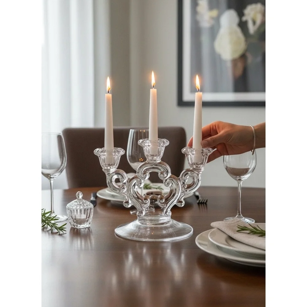 Glass Candelabra 3 Arm Candle Holder Clear Ornate Scroll Centerpiece Vintage