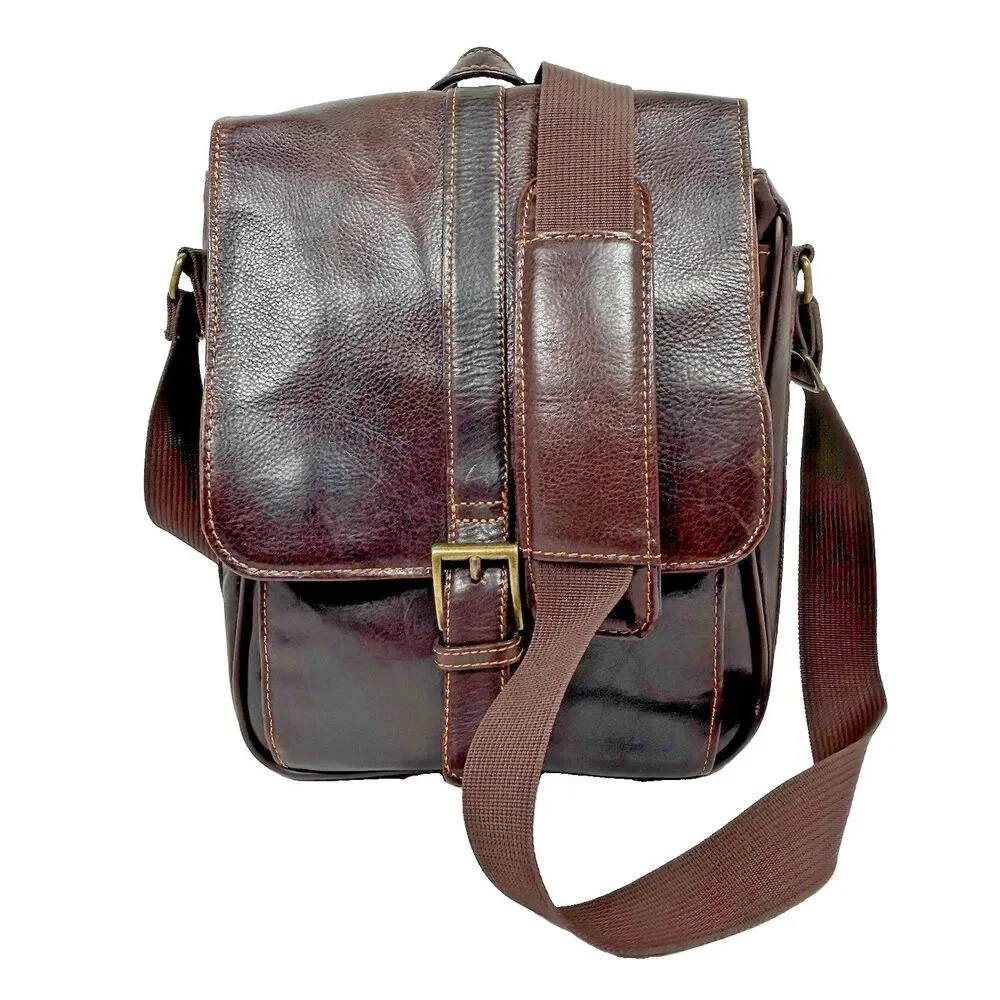 Wilson Leather Messenger Bag Brown Crossbody Tablet Snap Adjustable Pockets