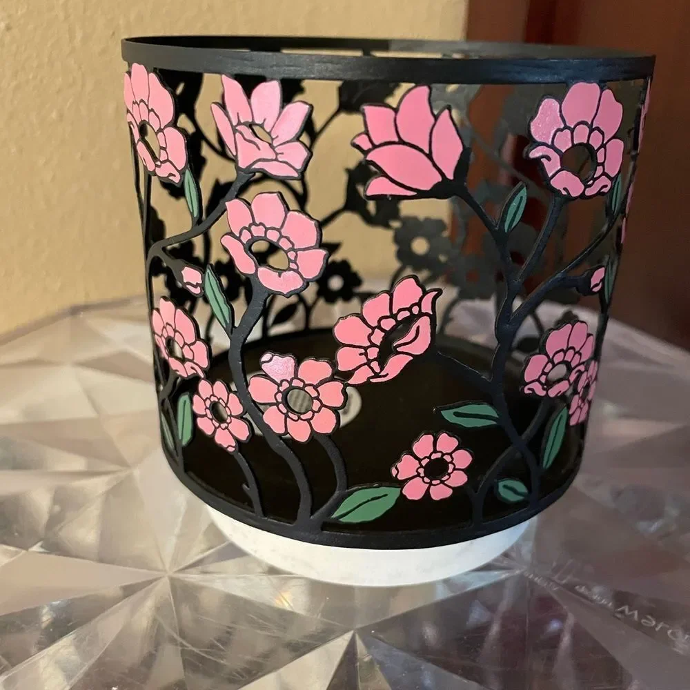 Bath & Body Works Black Metal Pink Poppy Flower Marble Base Candle Holder