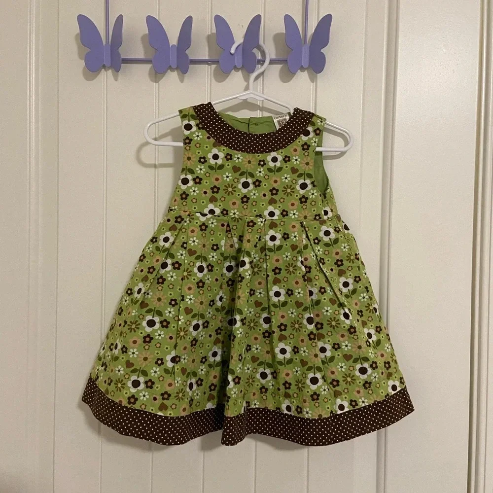 EUC | Carter’s baby girl green‎ & brown floral high neck dress — 12 months