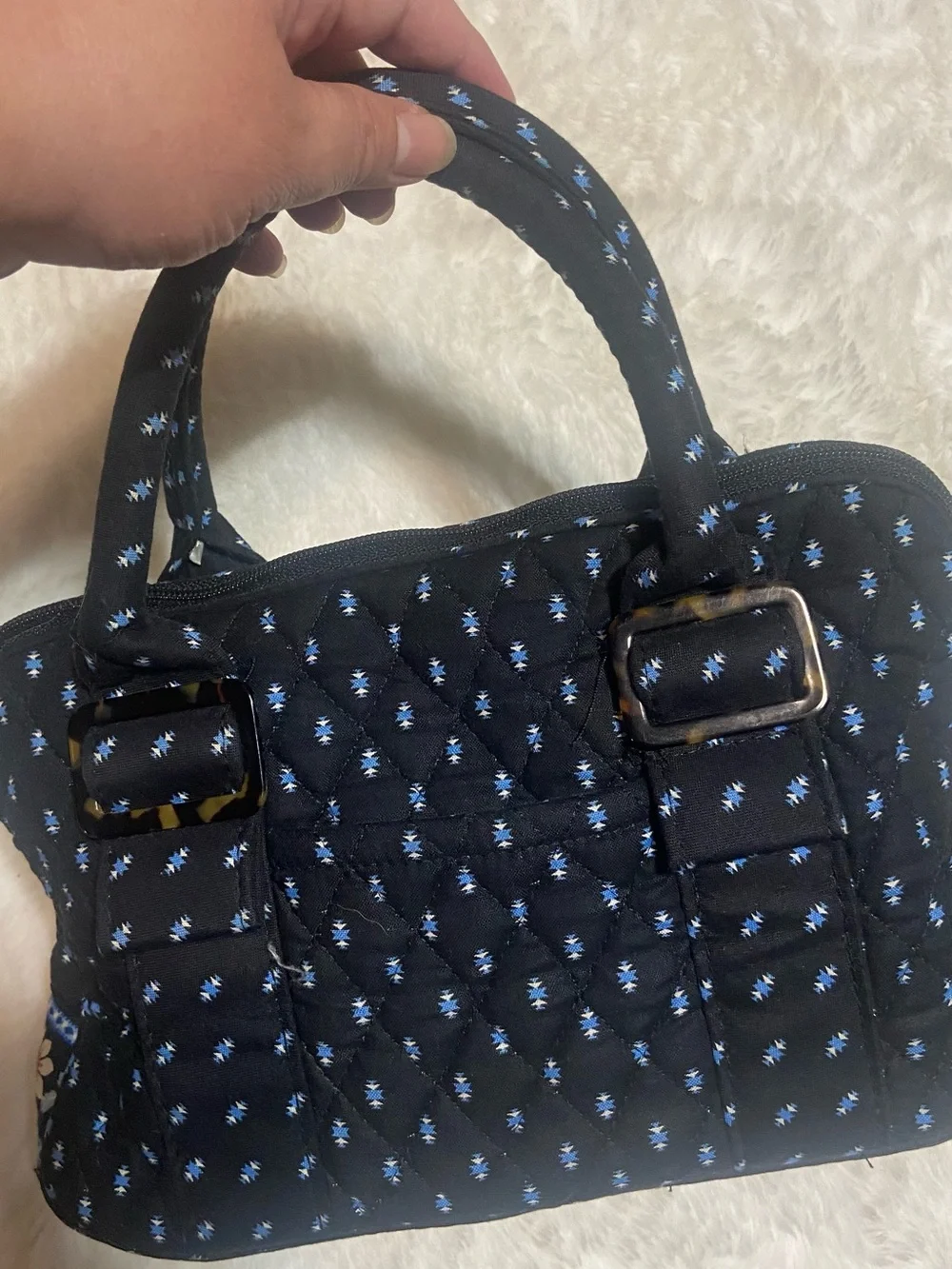 Vintage Vera Bradley Navy Quilted Mini Satchel with Light Blue Dot Print