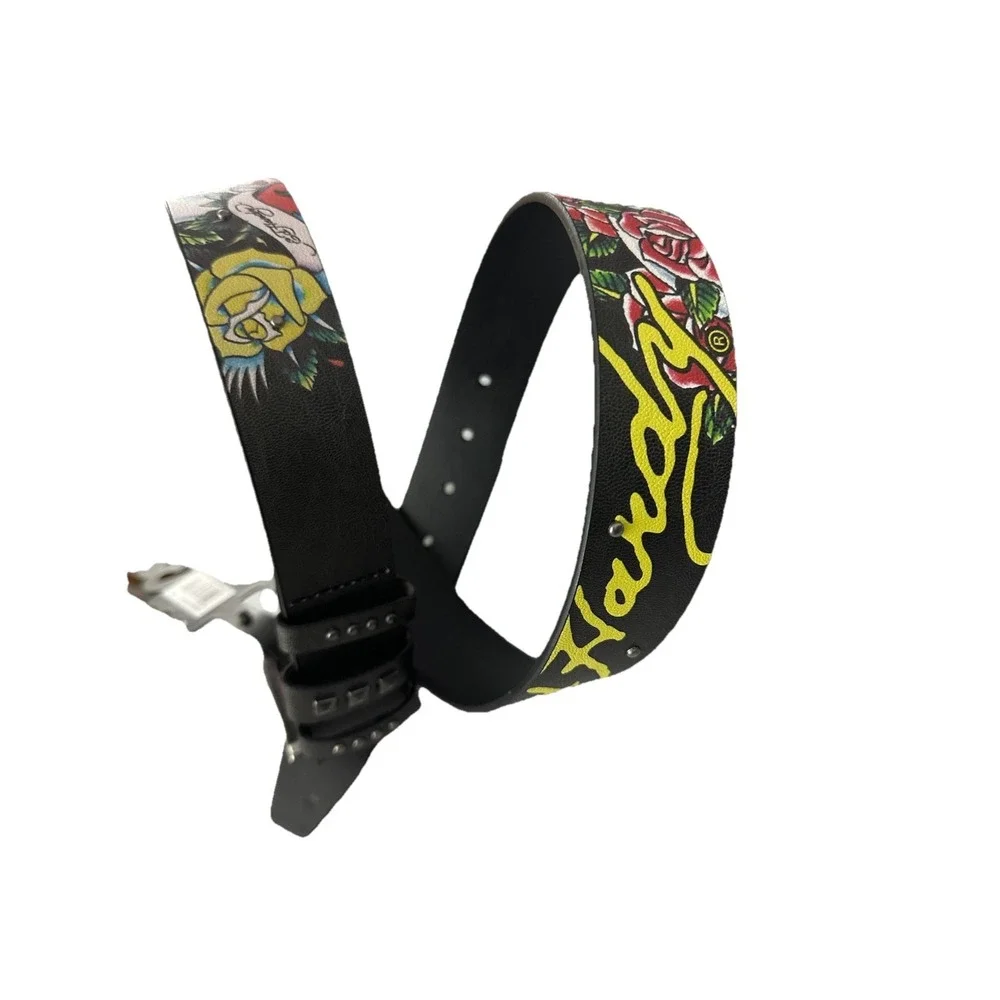 Ed Hardy Men's Skull Rose Print‎ Black Belt With Rivet Studs Size 38 New