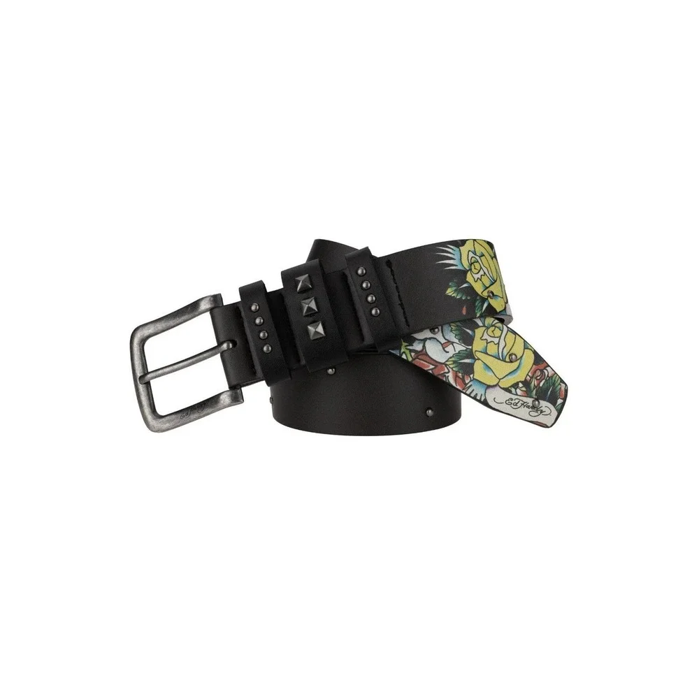Ed Hardy Men's Skull Rose Print‎ Black Belt With Rivet Studs Size 38 New