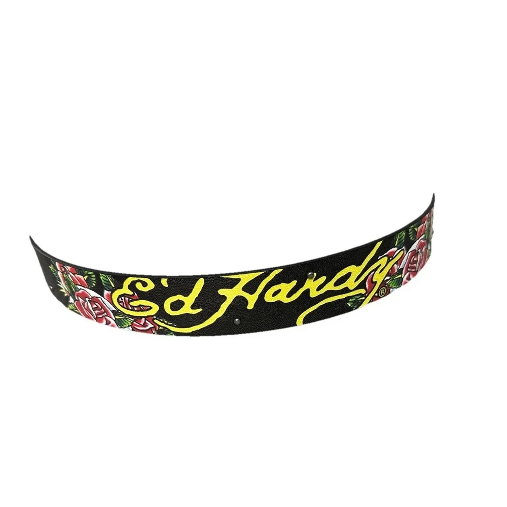 Ed Hardy Men's Skull Rose Print‎ Black Belt With Rivet Studs Size 38 New