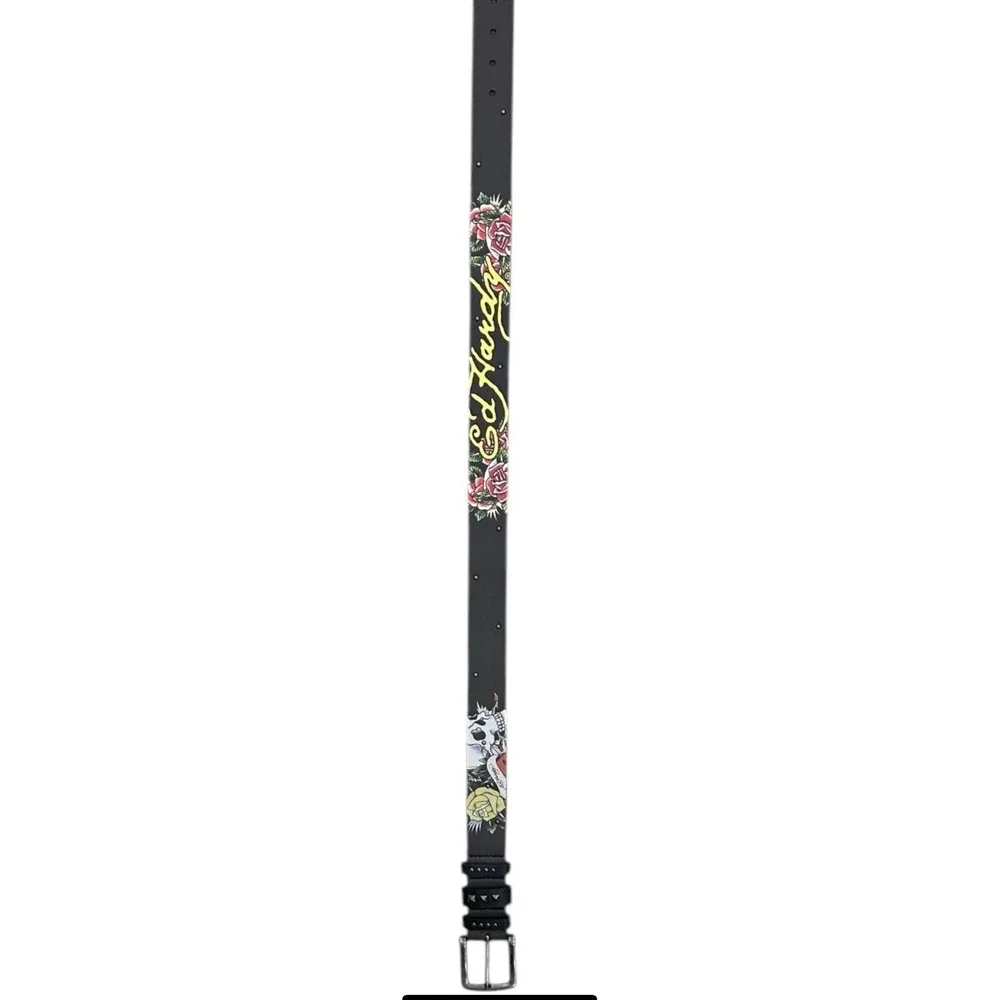 Ed Hardy Men's Skull Rose Print‎ Black Belt With Rivet Studs Size 38 New