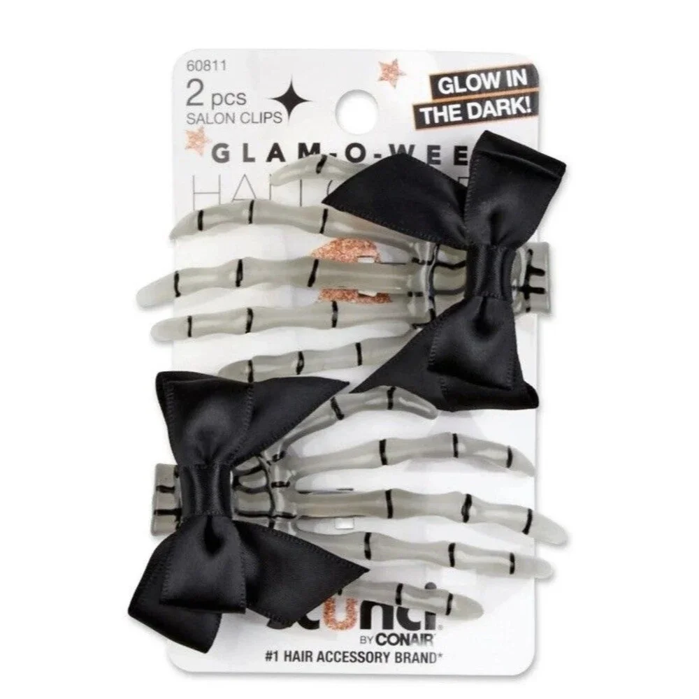 Scunci Glamoween Glow in the Dark Skeleton Hands Halloween Hair Clips, 2-Pieces