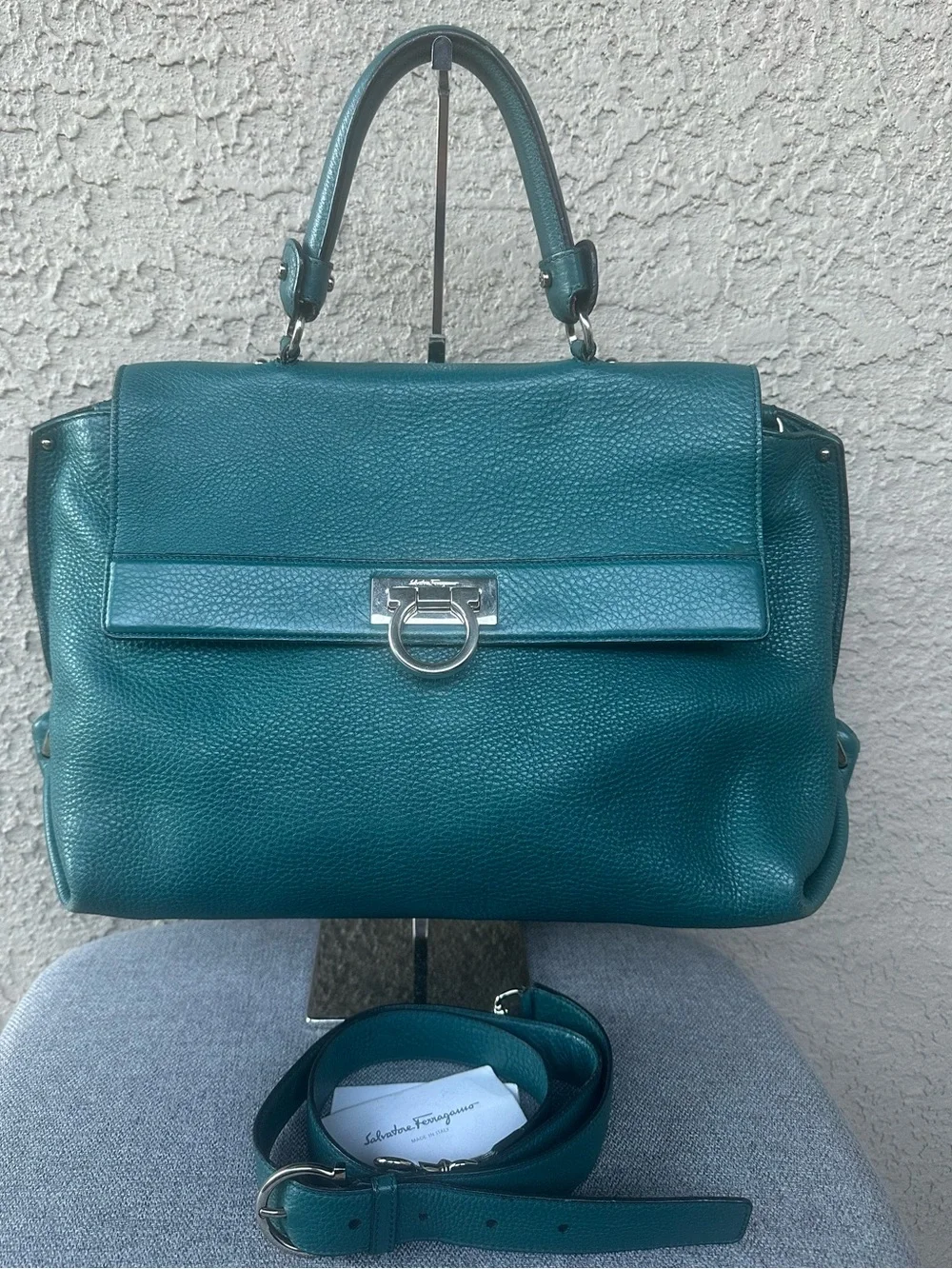 SALVATORE FERRAGAMO Teal Green Leather Top-Handle Satchel/Crossbody bag