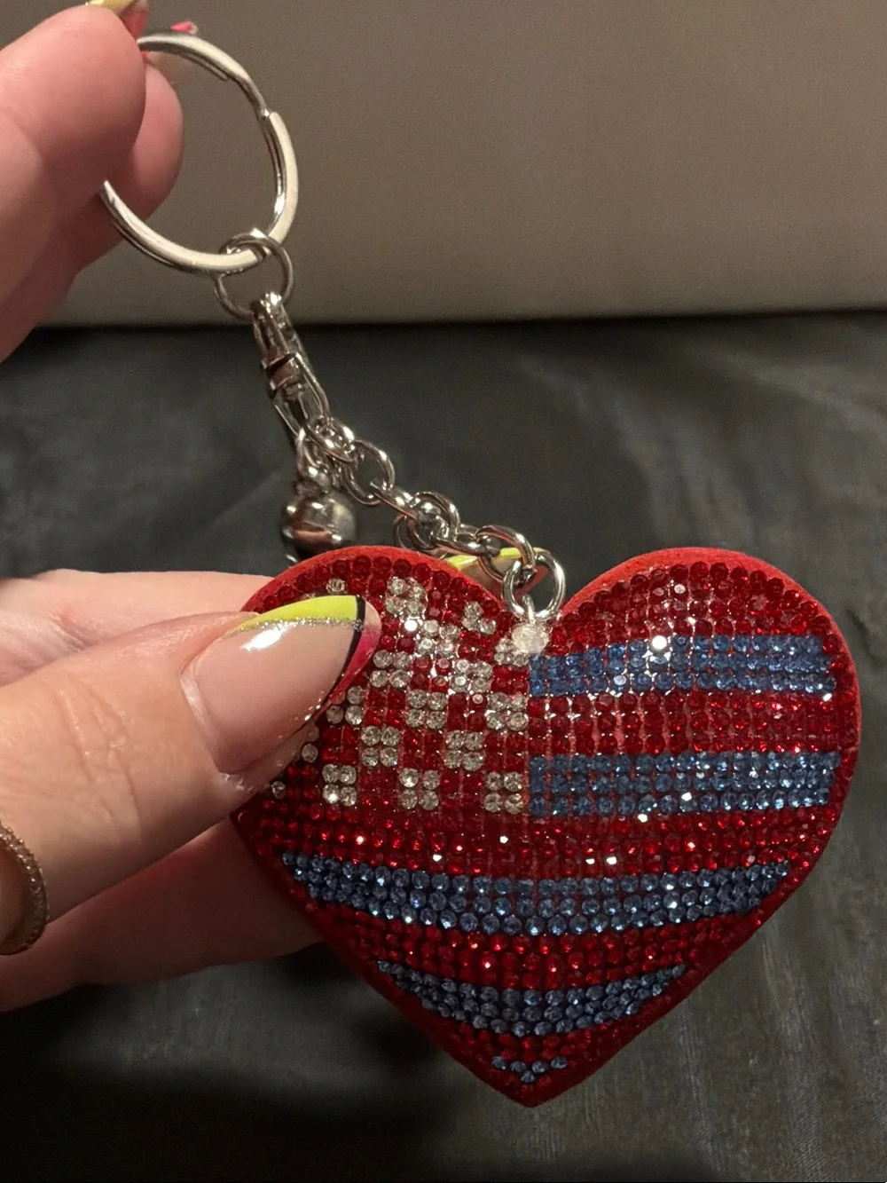 Crystal Heart Keychain - Red and Blue Rhinestone Accent