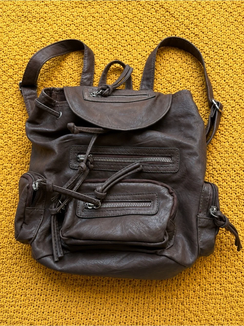 Bueno Brown Faux Leather Mini Backpack Y2K Boho Multi Pocket Utility Bag