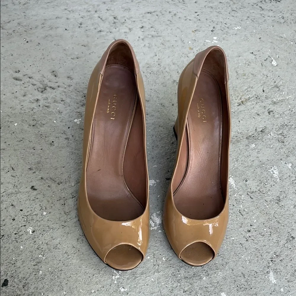 Gucci, patent leather wedge peep toe