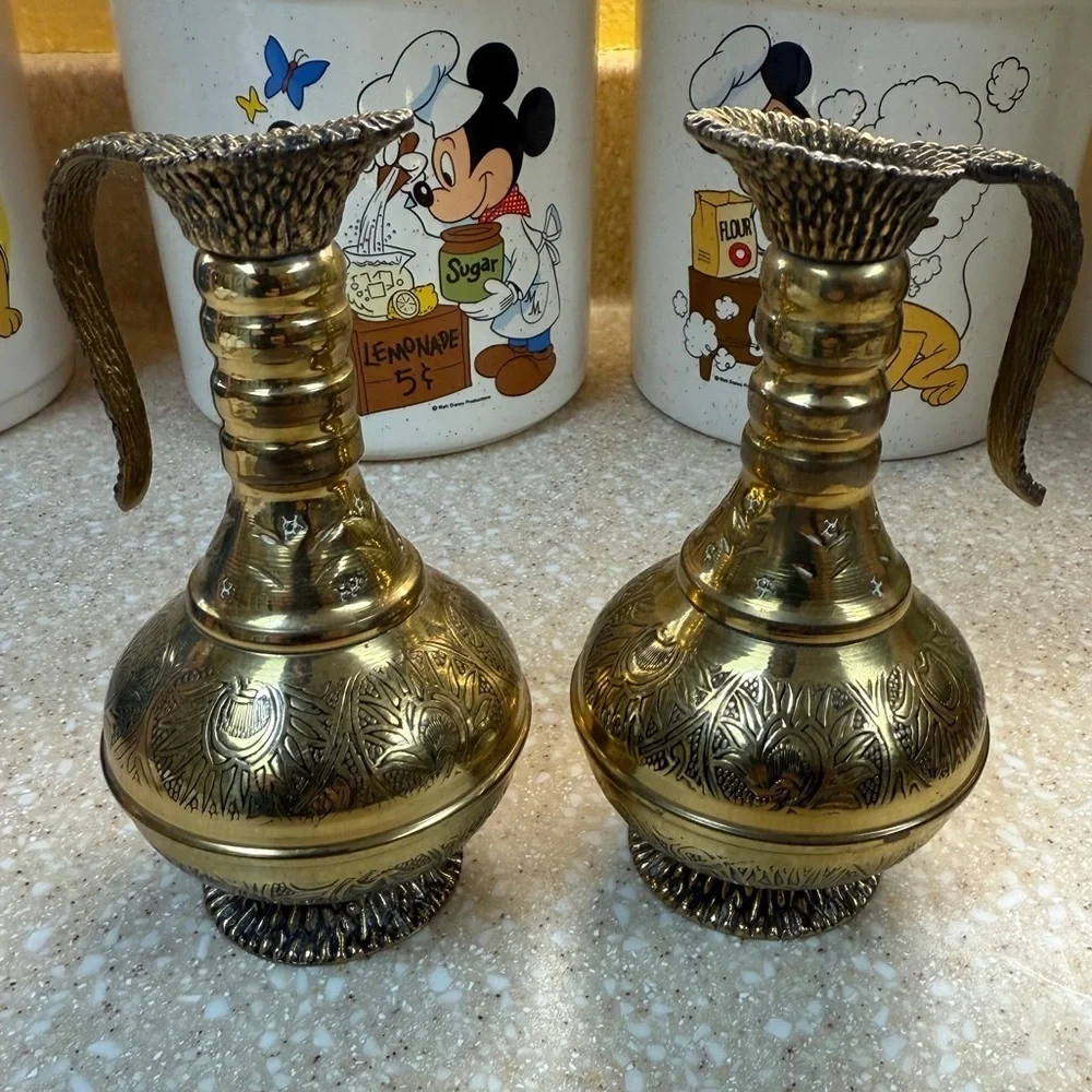 Vintage Gold Tone Brass Etchied Jerusalem Israel Pitchers Set of 2 Small Pourer