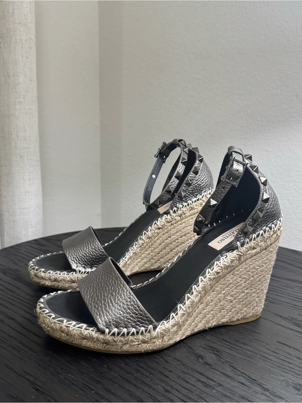 Valentino Garavani Rockstud Espadrille Wedge Sandals Silver Gray 39