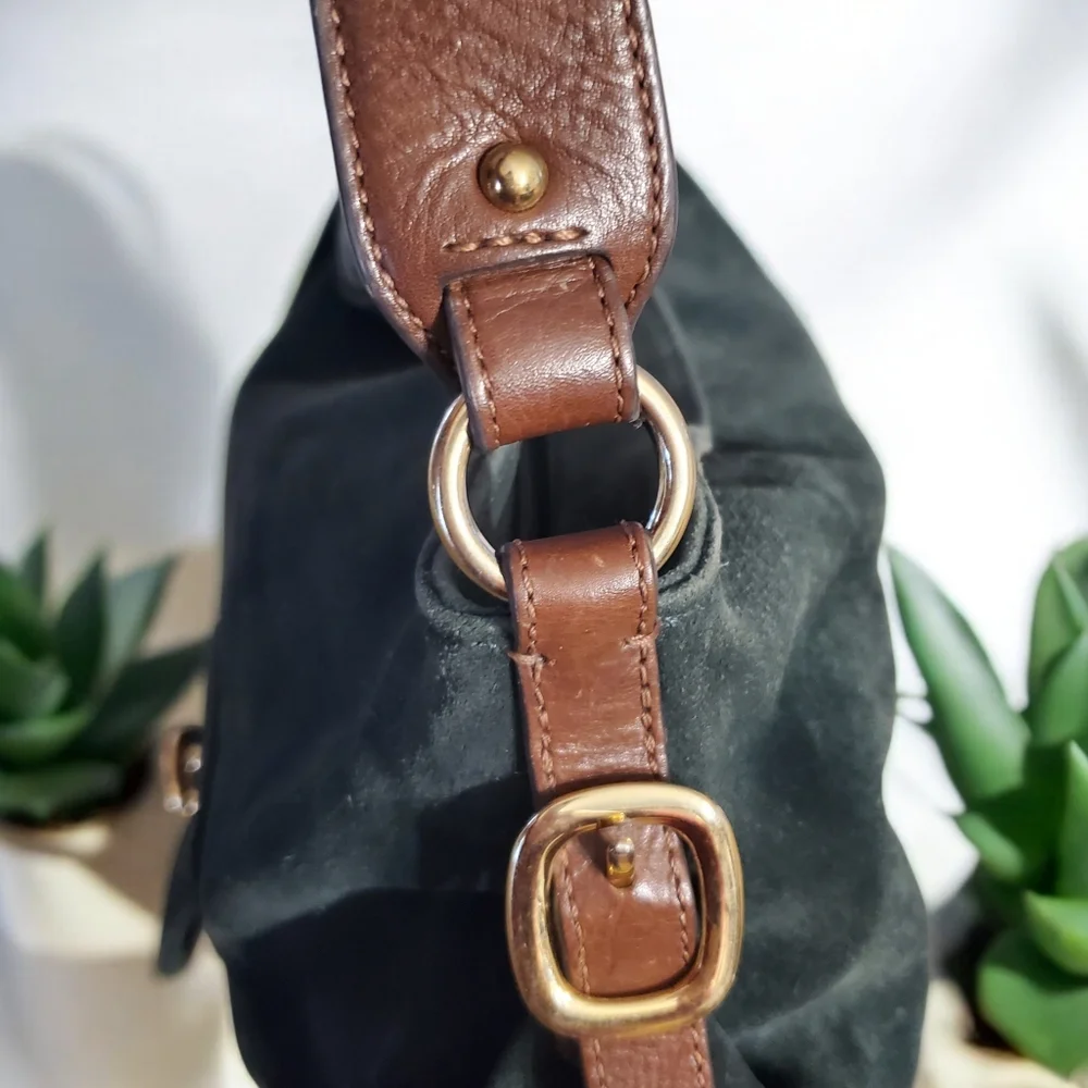 Michael Kors Dark Green‎ Black Suede And Leather Hobo Shoulder Bag
