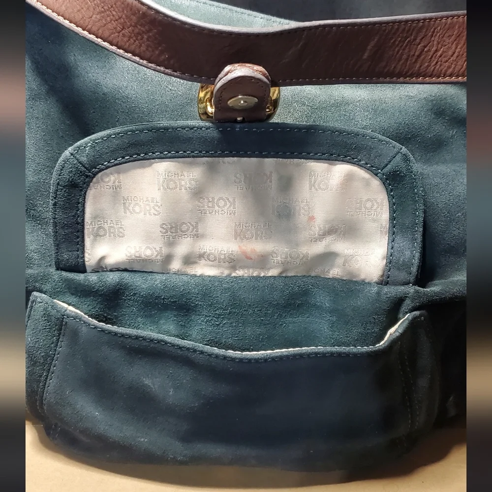 Michael Kors Dark Green‎ Black Suede And Leather Hobo Shoulder Bag