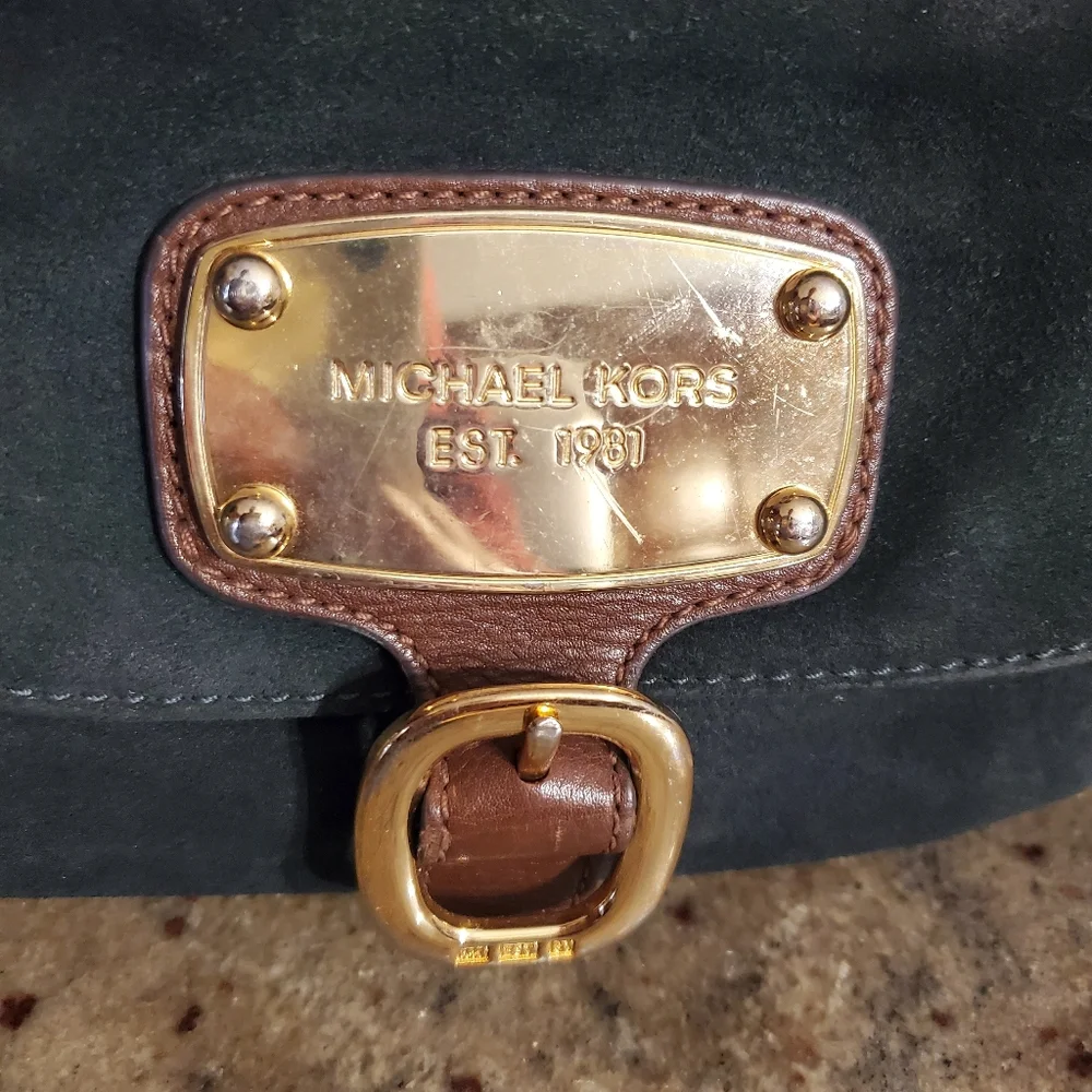 Michael Kors Dark Green‎ Black Suede And Leather Hobo Shoulder Bag