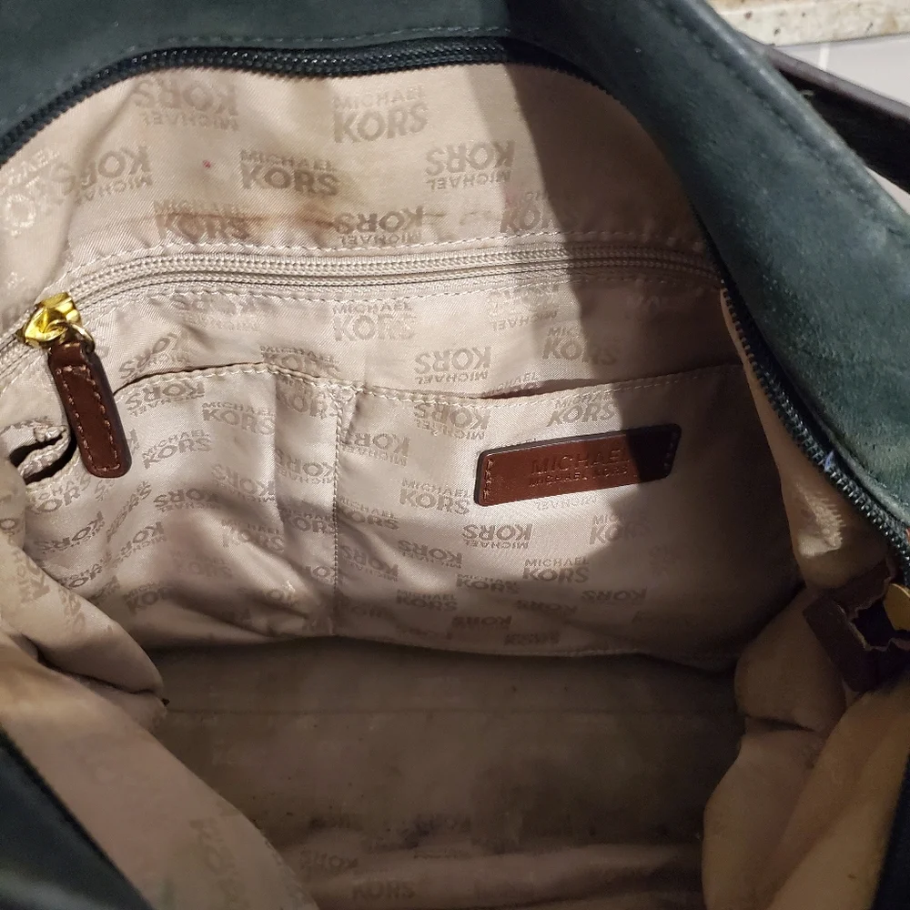 Michael Kors Dark Green‎ Black Suede And Leather Hobo Shoulder Bag