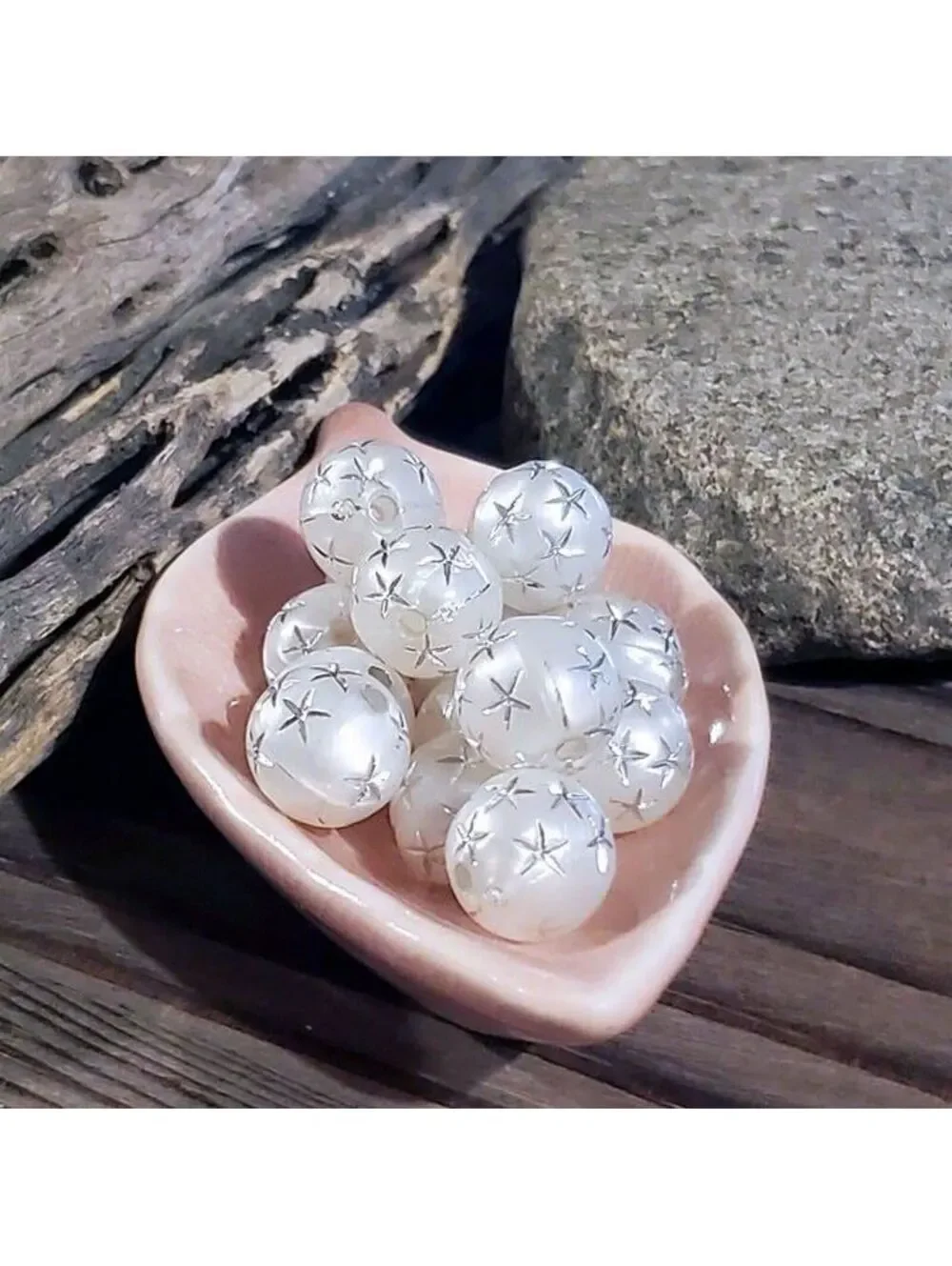 10 Vintage Retro Gray Silver Stars 12mm Round Acrylic Shabby Chic Beads