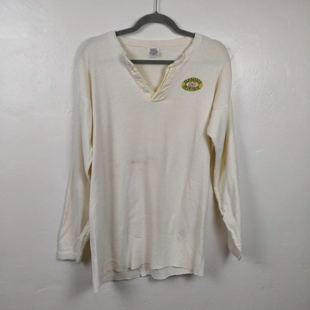 Vintage 80s Banana Republic Henley Top‎ Mens XL Cream Safari Logo Distressed