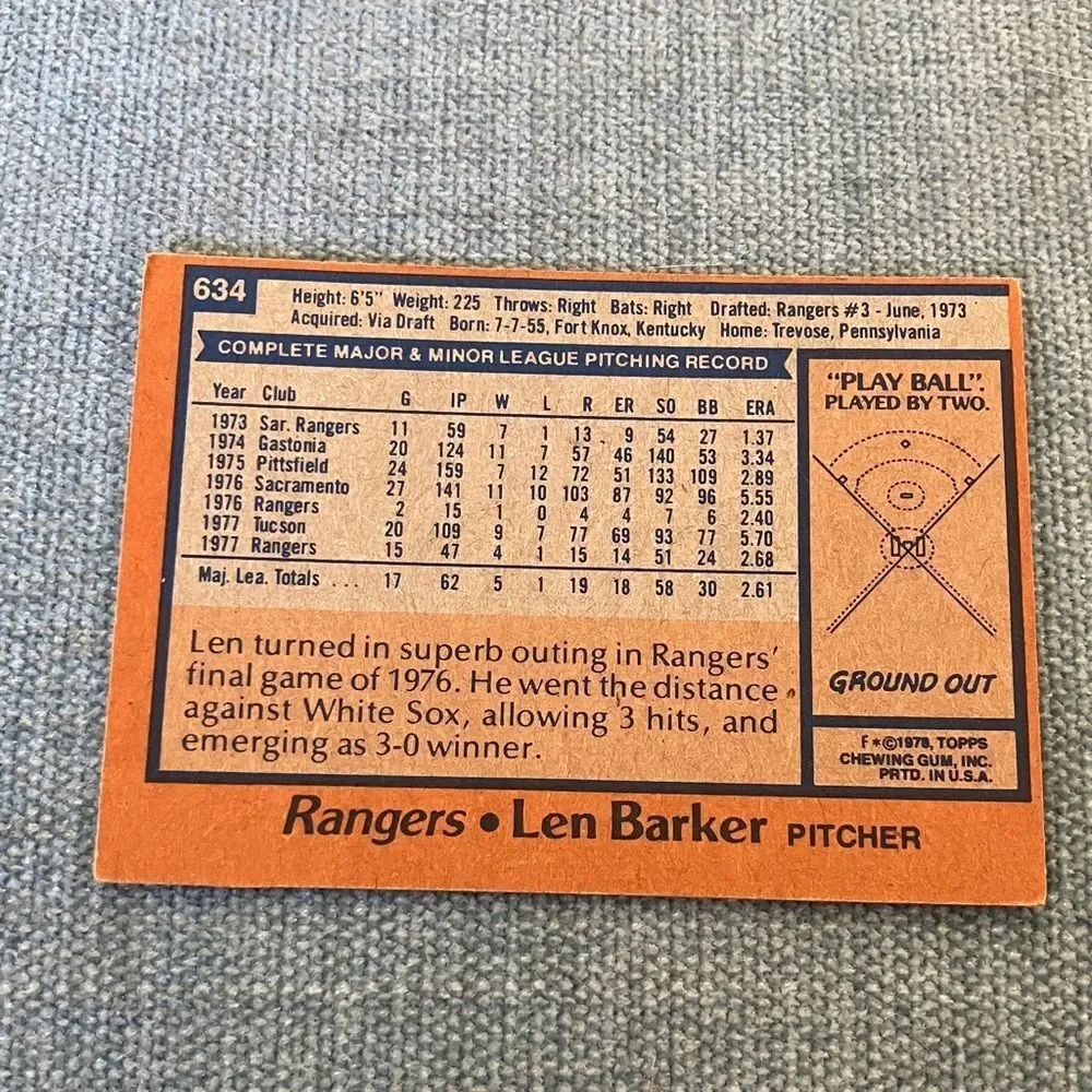 1978 Topps Texas Rangers Baseball Card Trading Card
