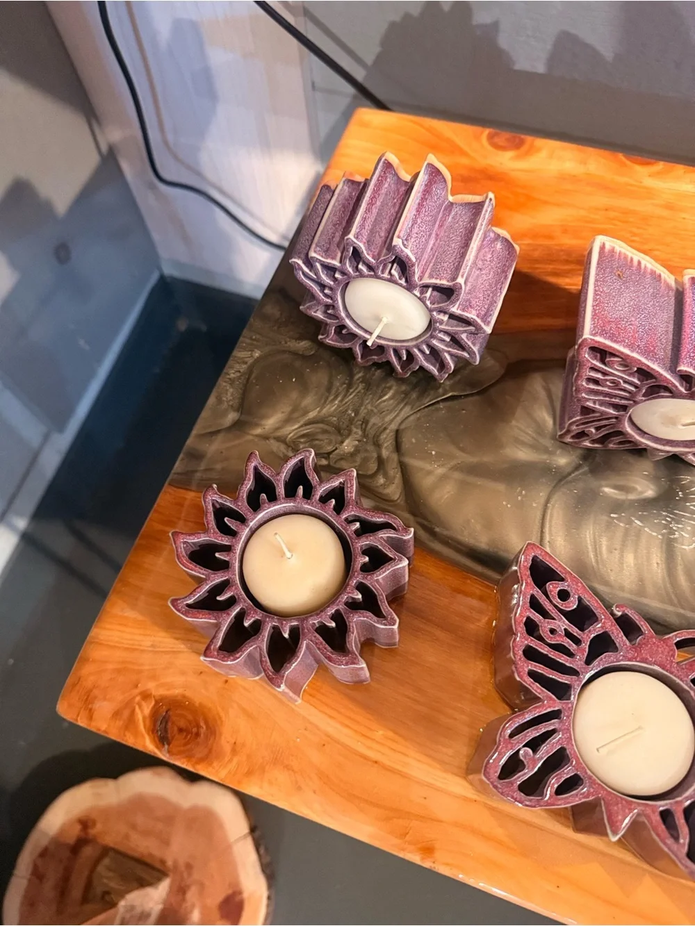 Purple Floral Metal Tealight Candle Holders - Set of 4