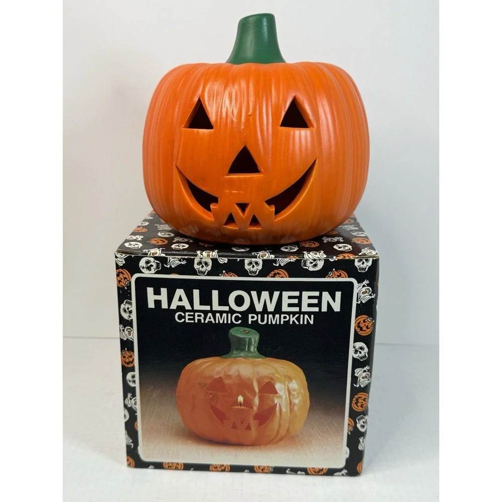 Halloween Ceramic Jack O Lantern Pumpkin‎ Votive Candle Holder Orange Vtg
