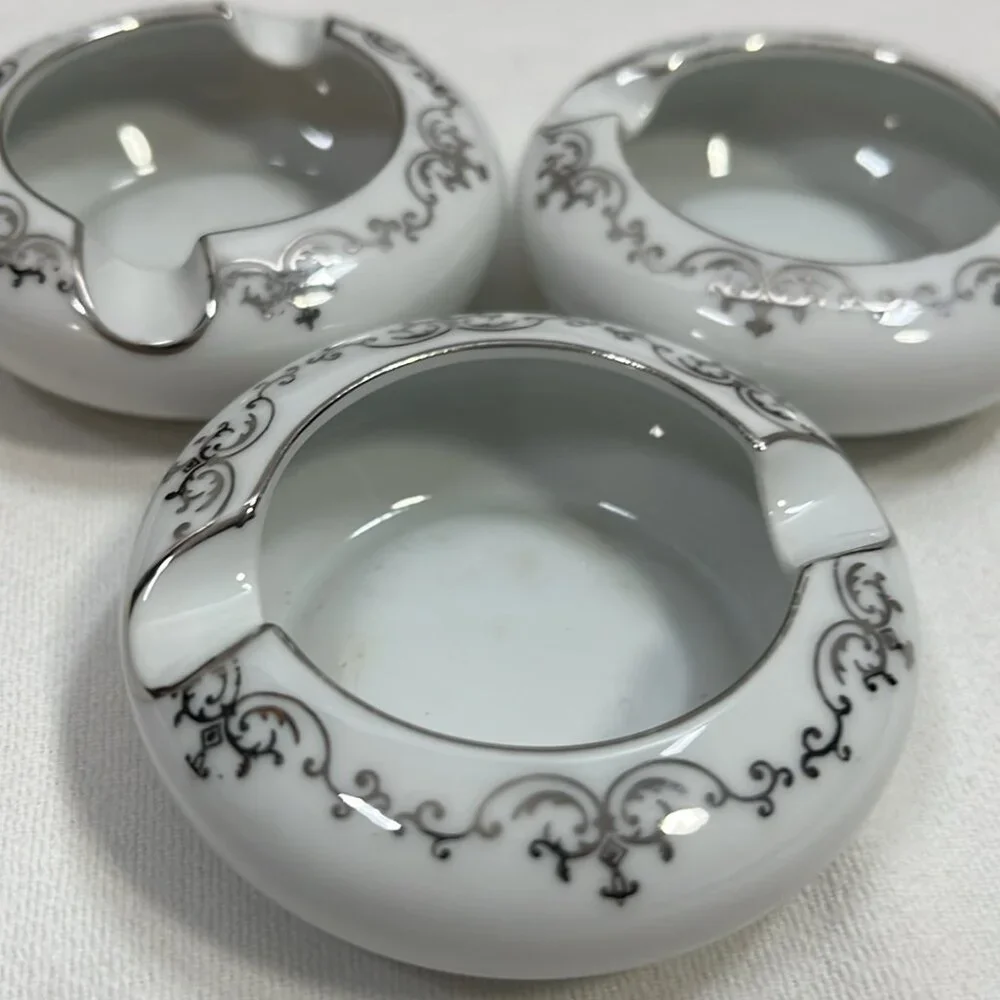 MCM Fukagawa Arita Ceramic‎ Pattern Hand Painted Silver Accent  Ashtray Set of 3