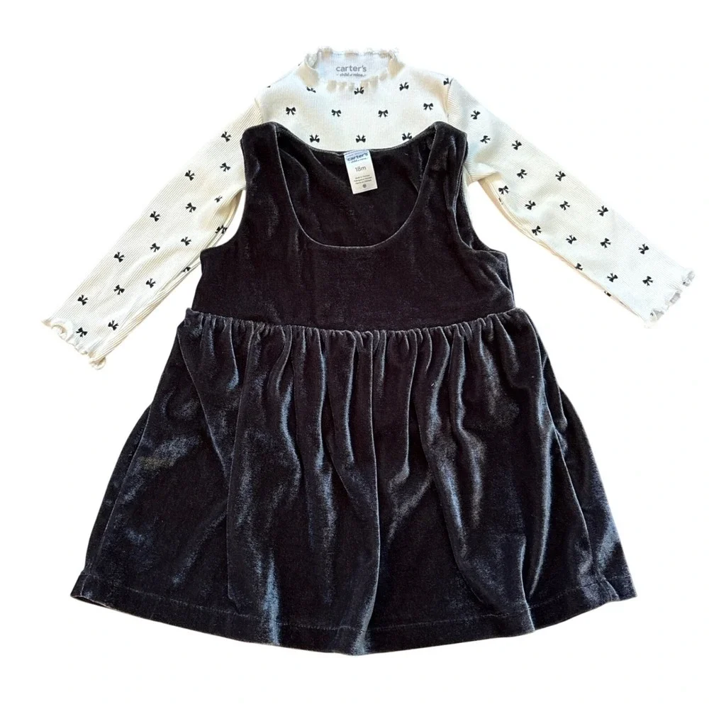 Carter's Jumper Set Kids Black Excellent Velvet Bow Print Mock Neck‎ SIZE 18M