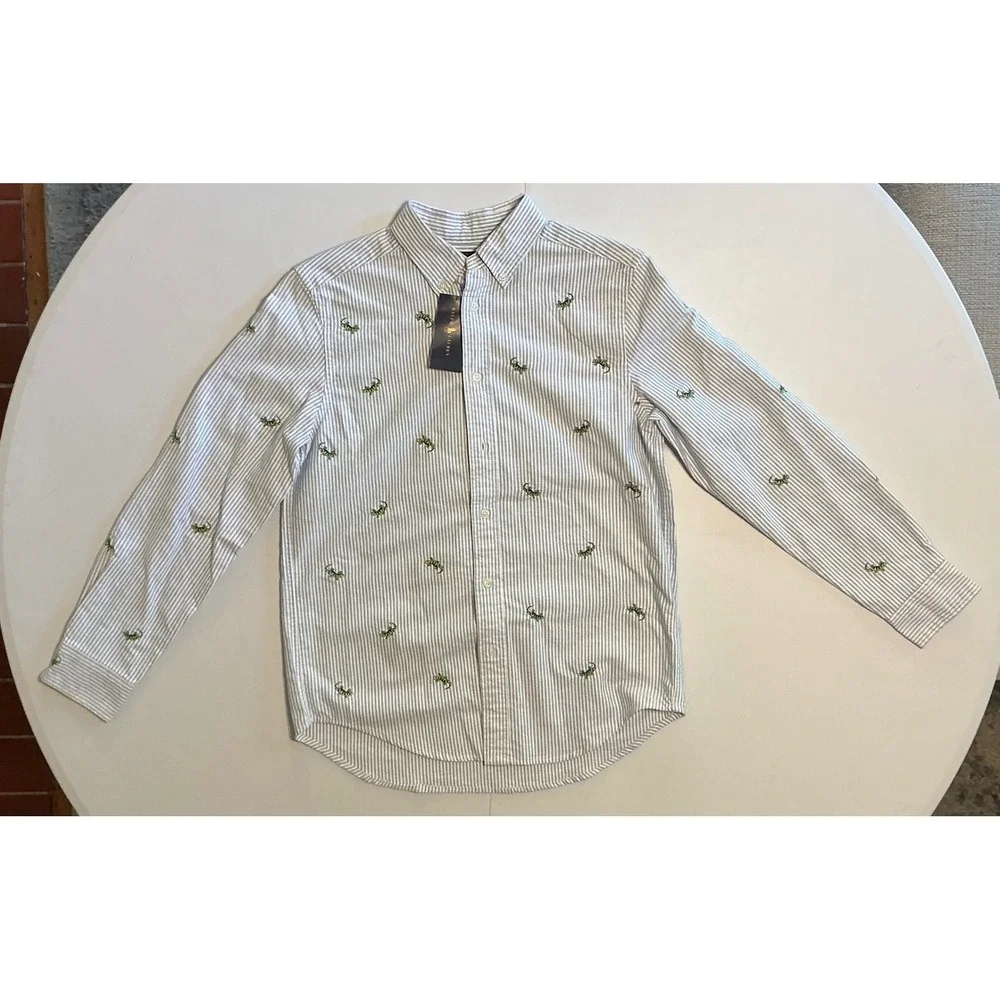 Ralph Lauren‎ Button Down Shirt Boys L 14-16 Pinstripe Lizard Embroidered Preppy
