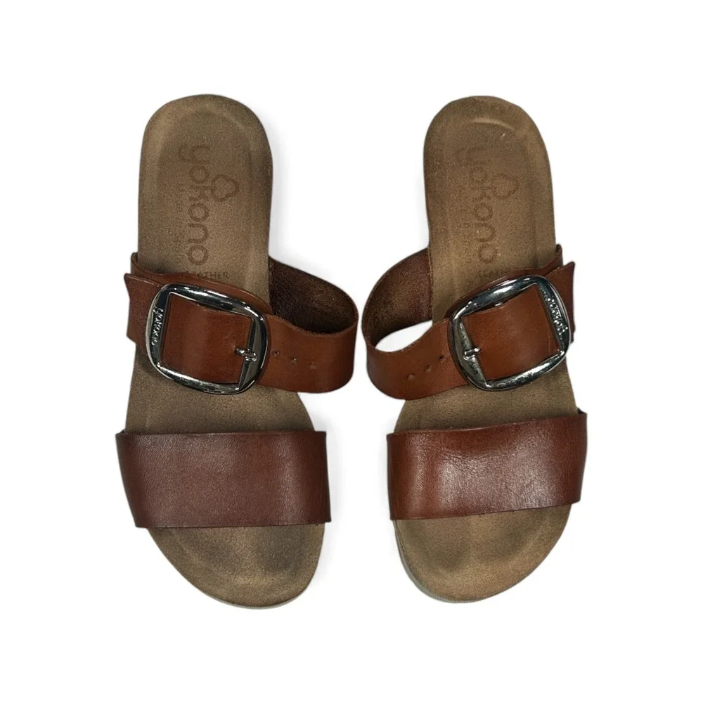 Yokono Women Brown Leather Wedge Slide Sandals Buckle Casual Comfort‎ Size 6.5-7