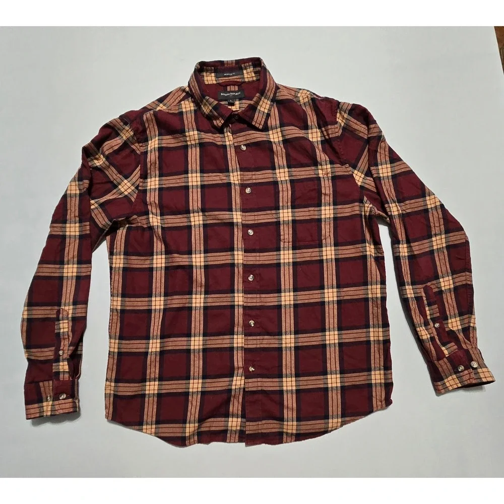Banana Republic Shirt Mens Large Burgundy Plaid Untucked Fit Button Cotton