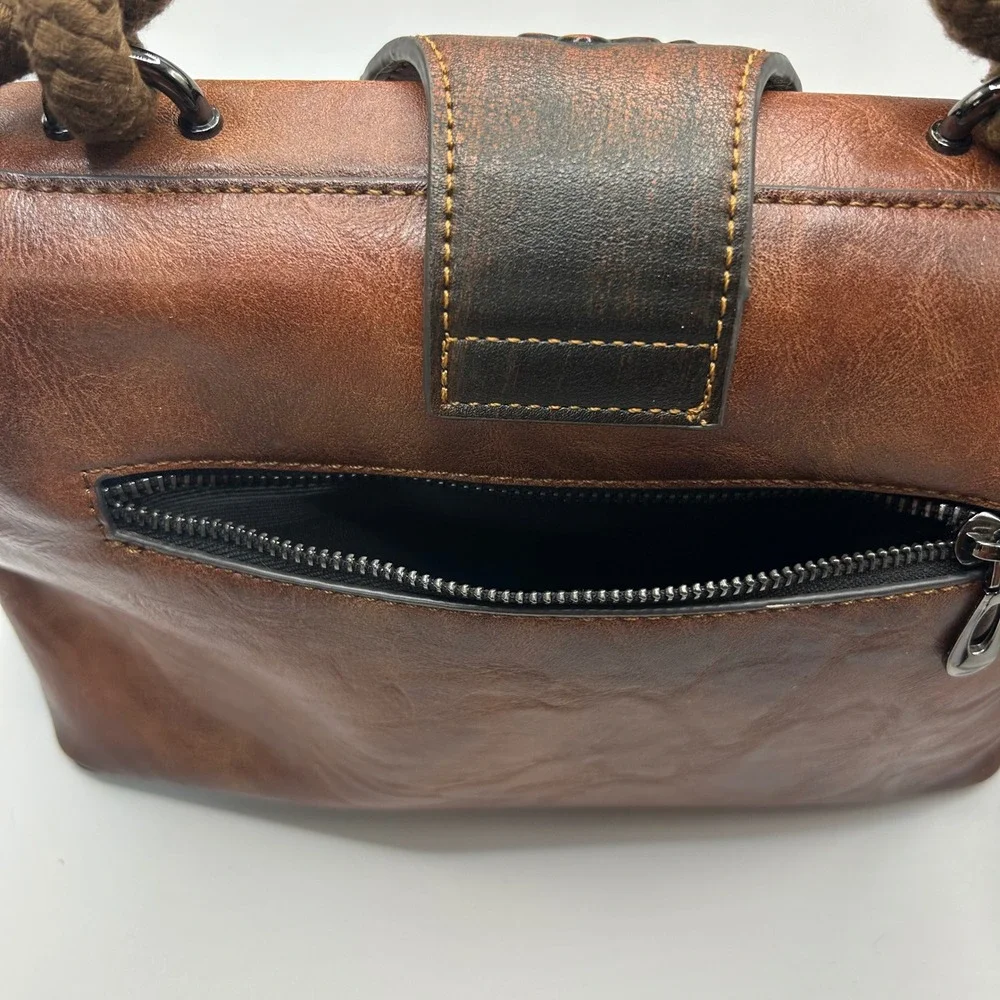 Floral Embossed Brown Faux Leather Doctor Bag Satchel Bamboo Handle Western Boho