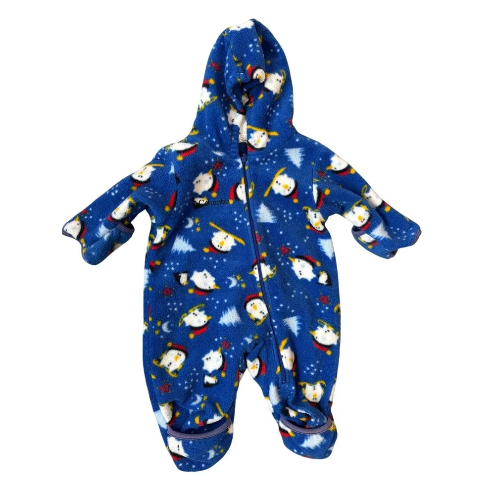 Columbia‎ Fleece Bunting 0-6 Months Blue Penguin Snowman VTG Soft Warm Snowsuit