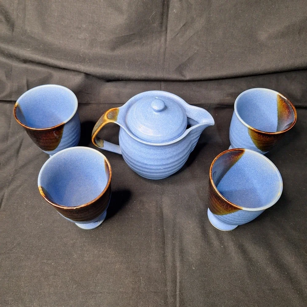 Andrea by Sadek Chopsticks Blue Ceramic Tea Set Teapot 4 Cups‎ Made in Japan