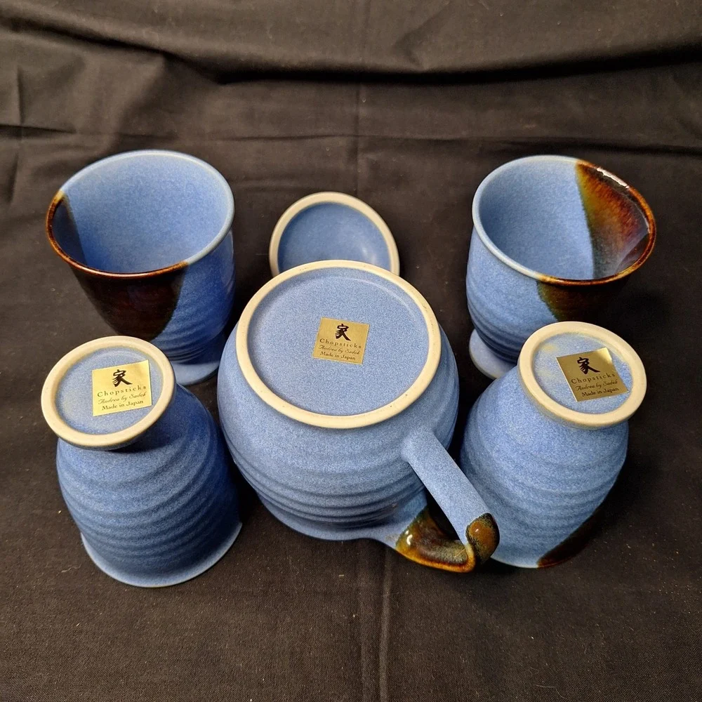 Andrea by Sadek Chopsticks Blue Ceramic Tea Set Teapot 4 Cups‎ Made in Japan