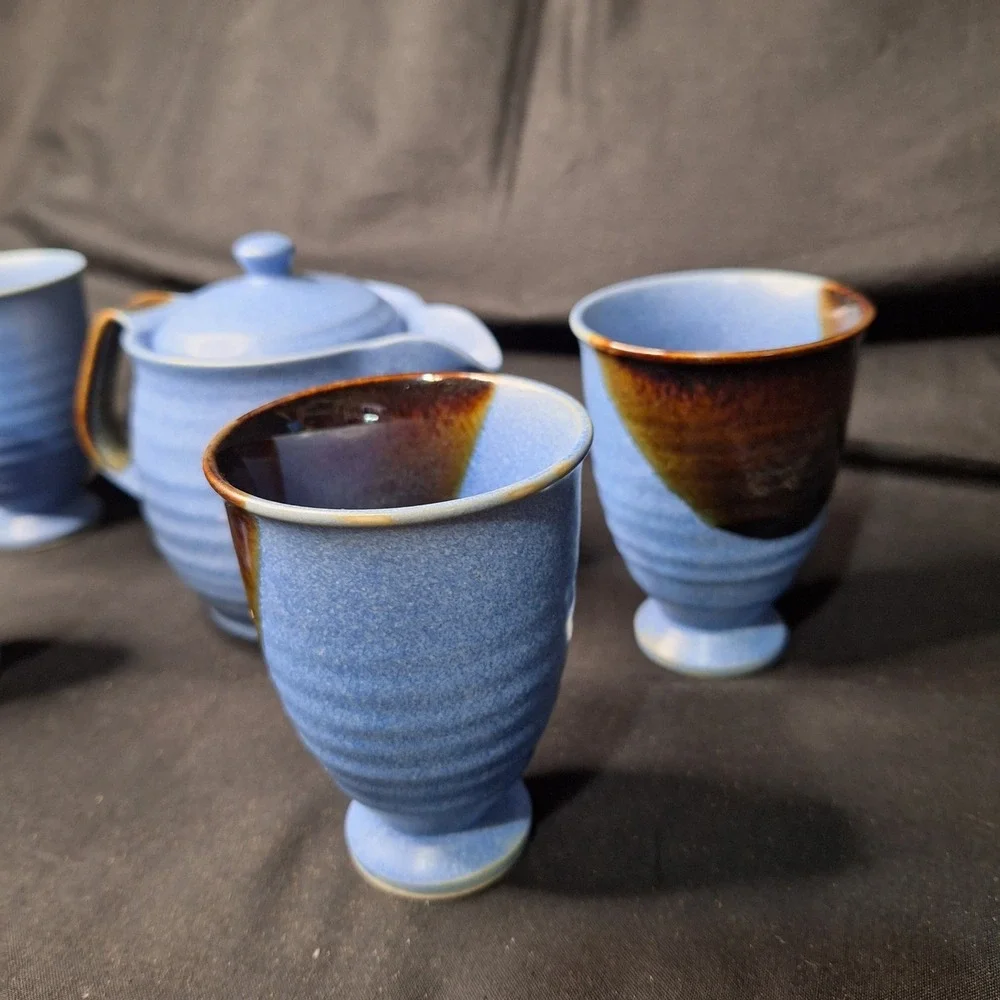 Andrea by Sadek Chopsticks Blue Ceramic Tea Set Teapot 4 Cups‎ Made in Japan