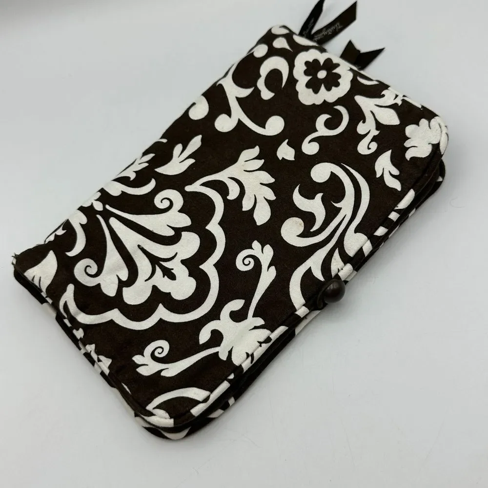 Thirty One Damask Print Double Zip Travel Organizer Wallet Brown‎ White Floral