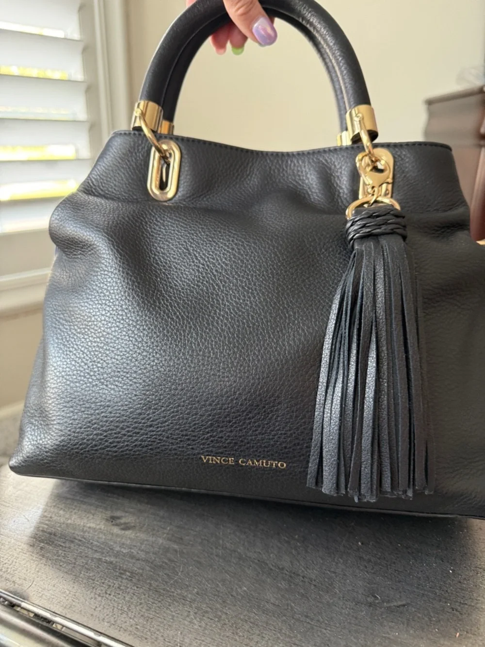 Vince Camuto Black Pebbled Leather Satchel with Tassel