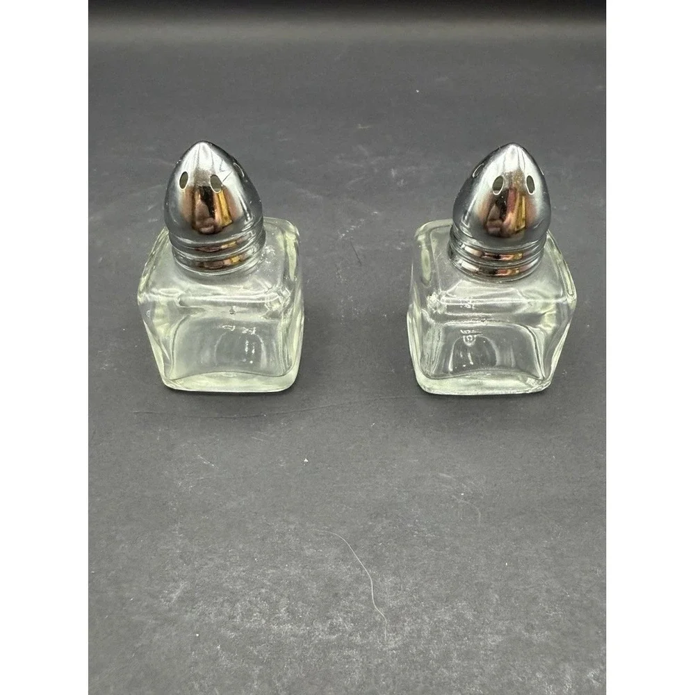 Vintage Clear Glass Salt & Pepper Shakers Square Bottles Chrome Bullet Tops RP