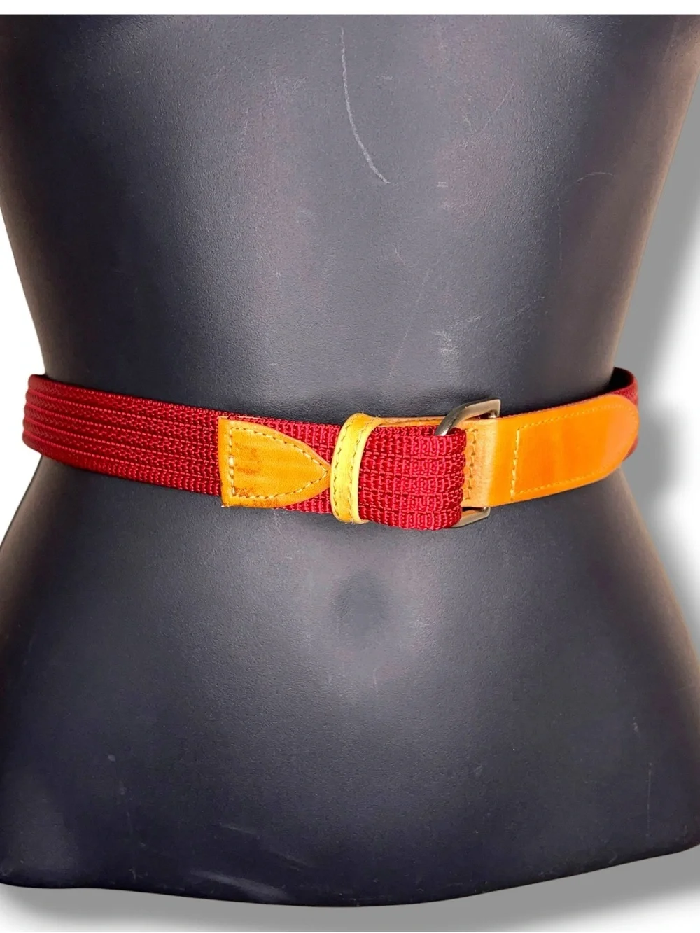 Vintage Red Canvas Brown Leather Belt Western Adjustable 80s Era Waist Belt