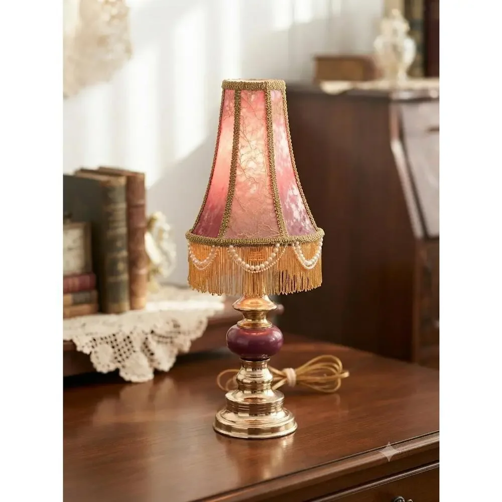 Vintage Hand-Restored Boudoir Table Lamp – Ornate Pink Velvet & Beaded Fringe B