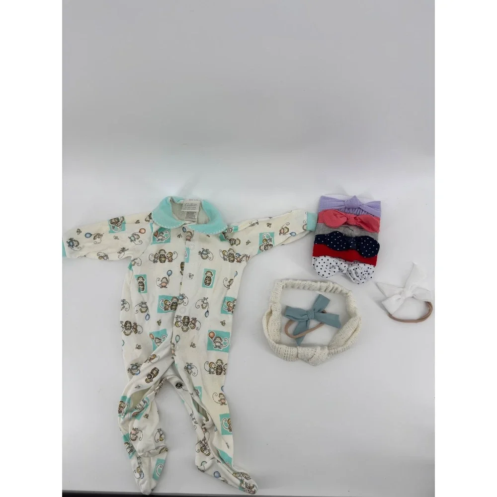 Carters Baby Girl Monkey Print Footed Sleeper and 8 Piece Headband Set 0-3M